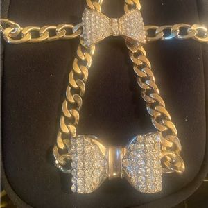 Gold rhinestone bow necklace and bracelet